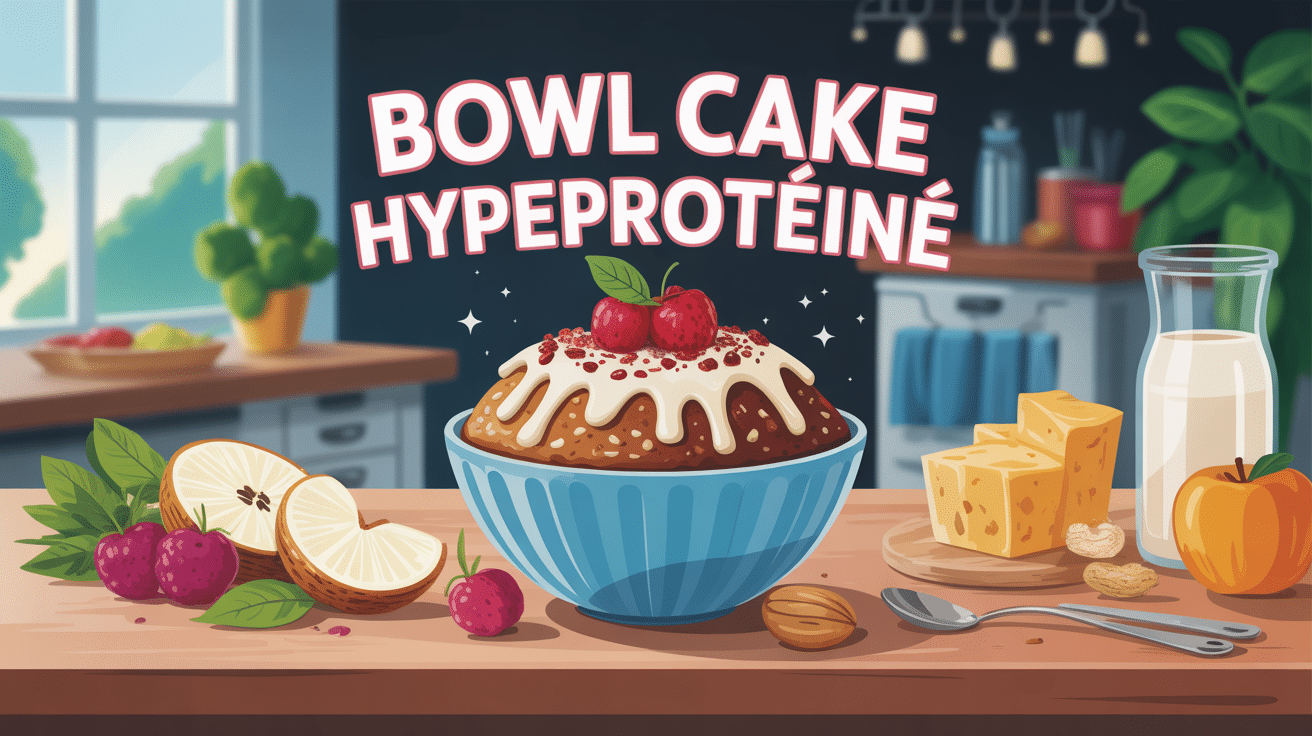 bowl cake hyperprotéiné avec flocons d’avoine et whey sur table sport