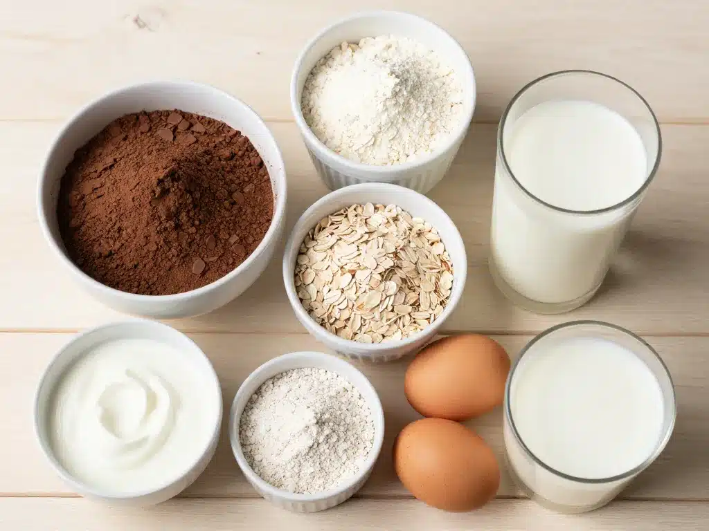 ingredients gateau au chocolat proteine flat lay