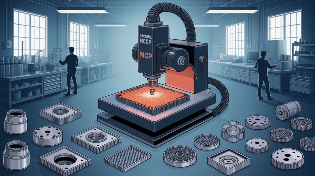 machine a frapper mcp en atelier sur pièces métalliques