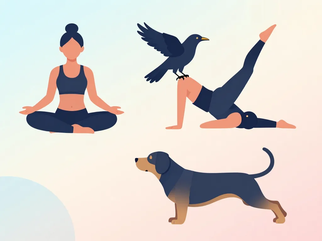 Visuels postures de yoga 6 lettres lotus corbeau chien