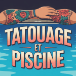 Bras tatoué au-dessus d'une piscine stylisée, ambiance attente et protection
