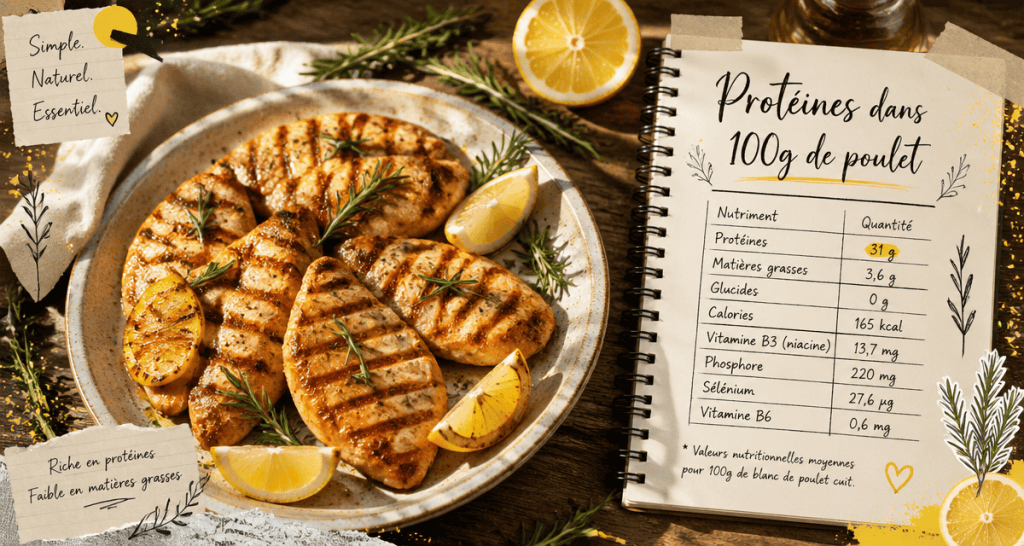 combien de proteines dans 100 g de poulet grillé avec citron et romarin