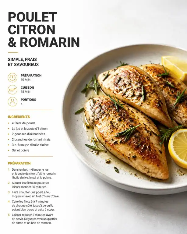 Filets de poulet marinés au citron et romarin riches en protéines