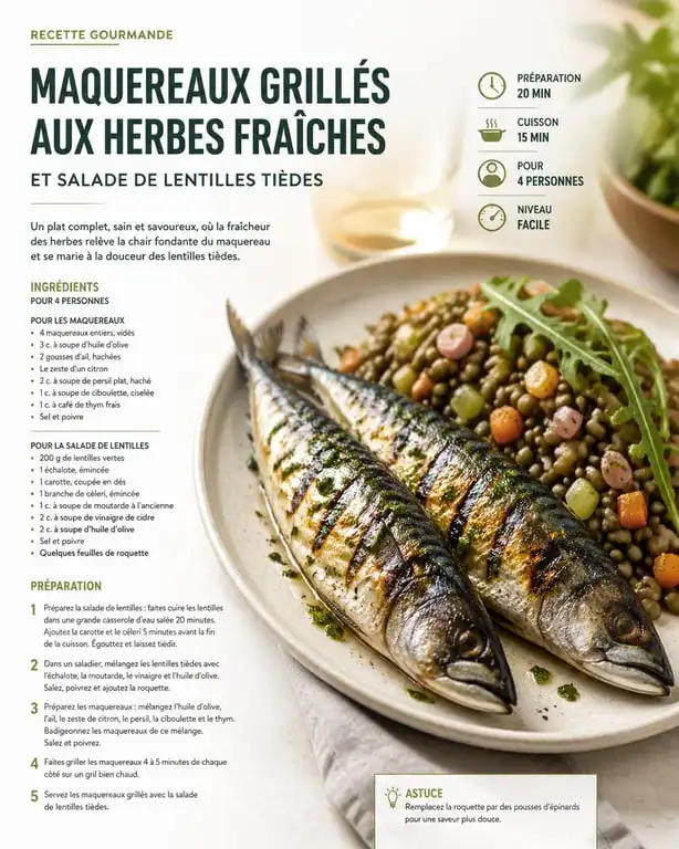 Maquereaux grillés aux herbes et salade de lentilles, recette riche en vitamine D