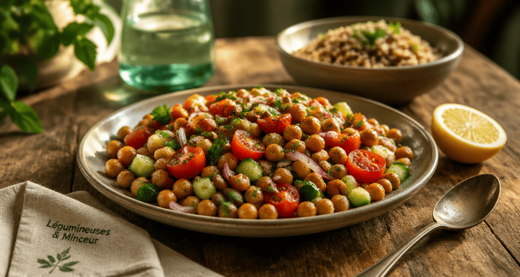 Assiette équilibrée avec légumineuses, support de conseils nutrition et performance