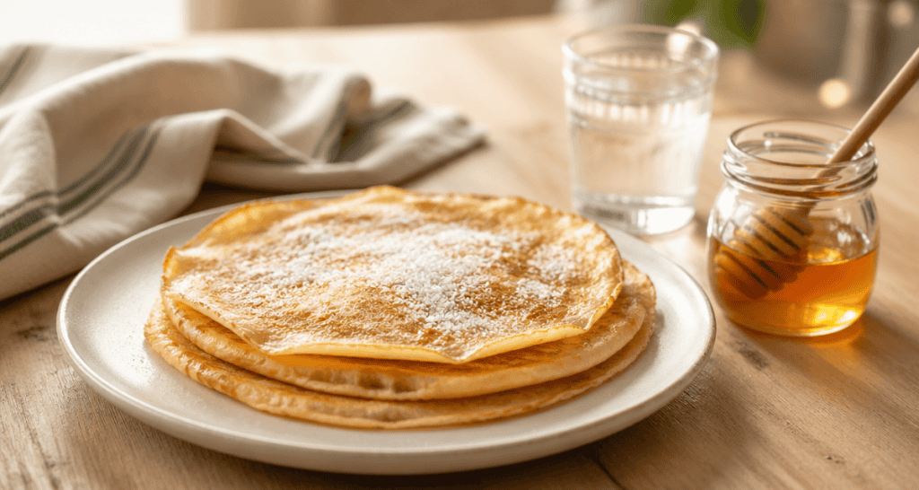peut on manger des crêpes dans un regime sans residus, crêpes sur assiette blanche