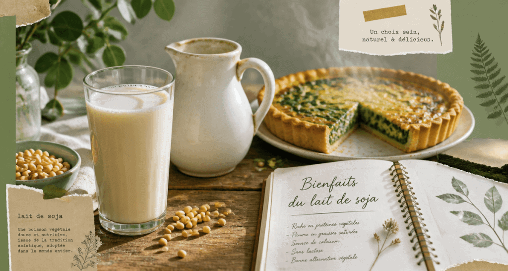 bienfaits du lait de soja sur table avec verre et quiche