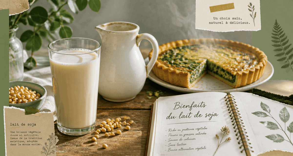 bienfaits du lait de soja sur table avec verre et quiche