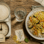 Calories dans le riz cru et cuit sur table avec légumes