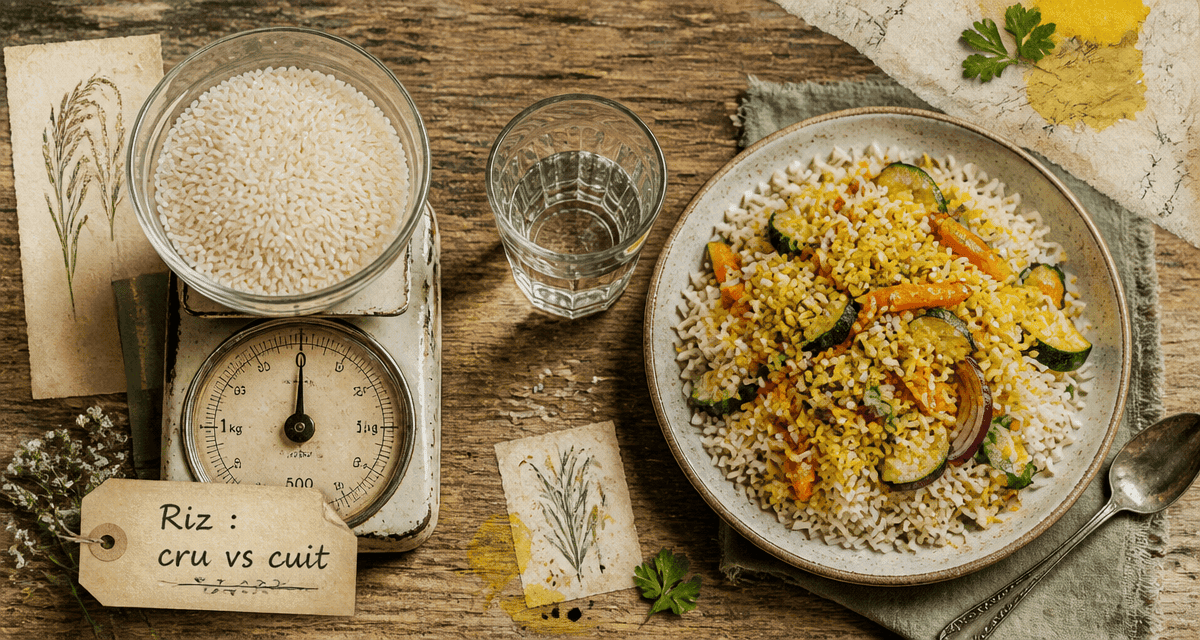 Calories dans le riz cru et cuit sur table avec légumes