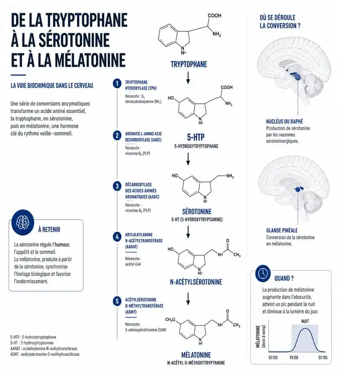 Infographie scientifique illustrant la transformation du tryptophane en sérotonine et mélatonine pour le bien-être et le sommeil