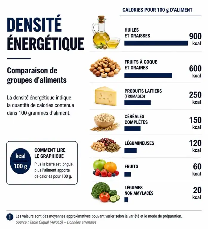 Infographie sur la densité énergétique et le tableau des calories des aliments