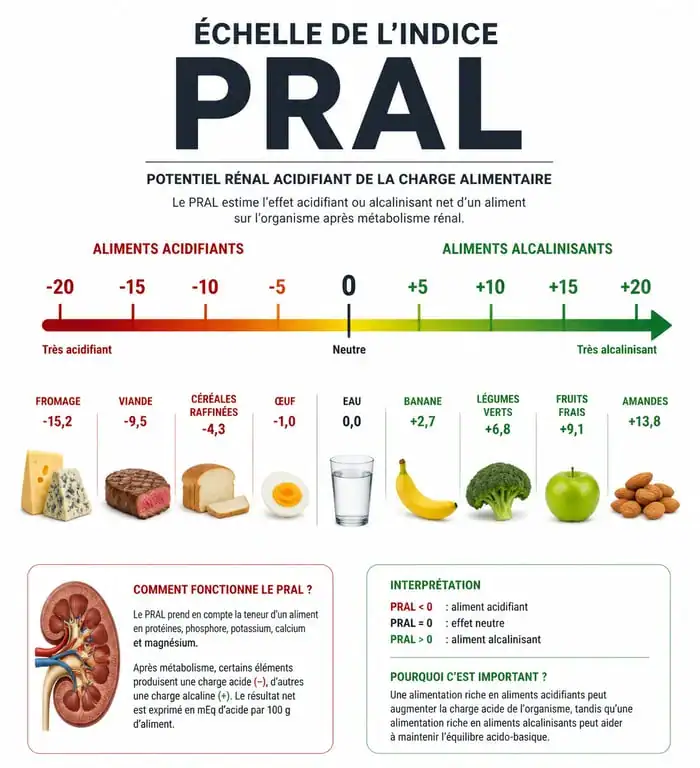 Infographie de l'indice PRAL pour comprendre l'équilibre acido-basique et les aliments alcalins