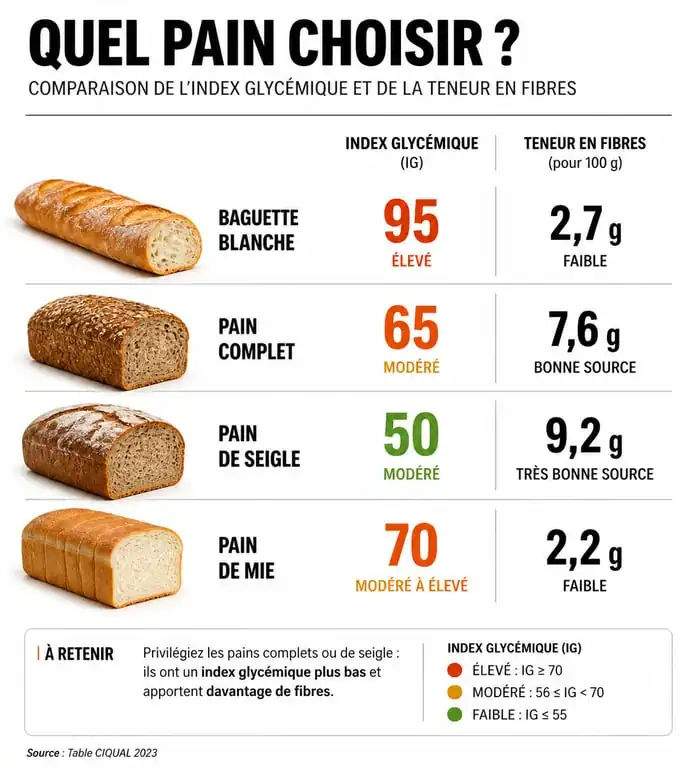 Infographie comparative des types de pains : index glycémique et fibres pour choisir son pain sans grossir