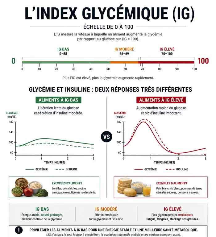 Infographie explicative sur l'index glycémique et les aliments à IG bas pour la santé métabolique