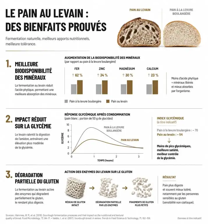 Infographie sur les bienfaits nutritionnels et digestifs du pain au levain