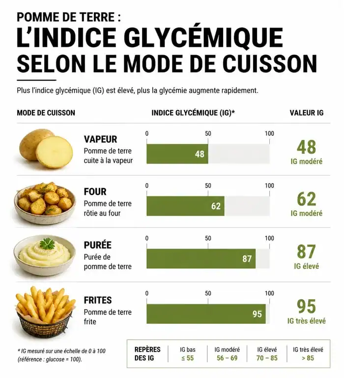 Infographie de l'indice glycémique de la pomme de terre selon le mode de cuisson