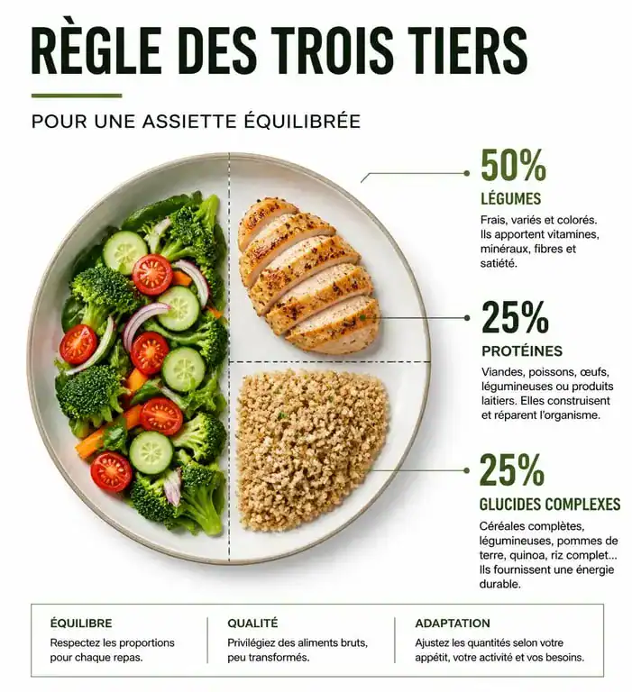 Infographie de la règle des trois tiers pour une alimentation perte de poids équilibrée