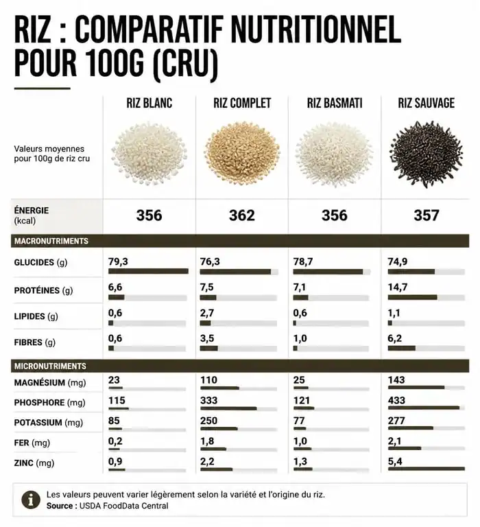 Infographie comparative des calories dans le riz blanc, complet, basmati et sauvage