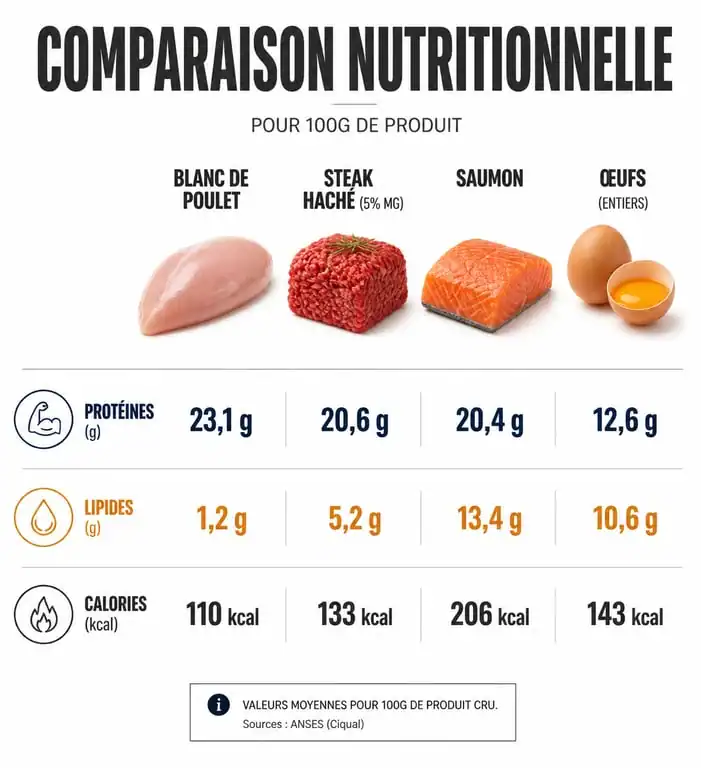 Infographie comparative des valeurs nutritionnelles du blanc de poulet et autres sources de protéines