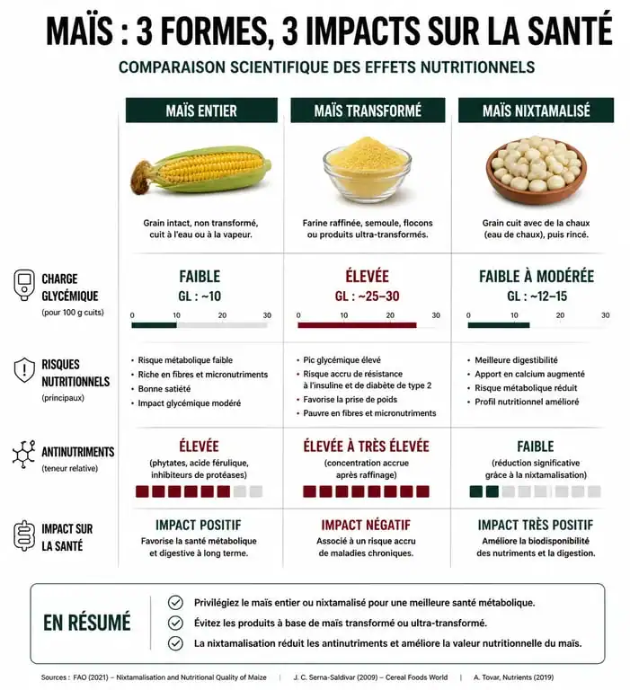 Infographie comparative des effets sur la santé du maïs entier versus maïs transformé