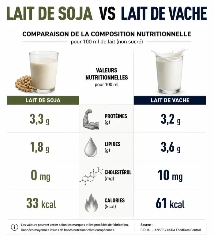 Infographie comparative des bienfaits du lait de soja et composition nutritionnelle par rapport au lait de vache