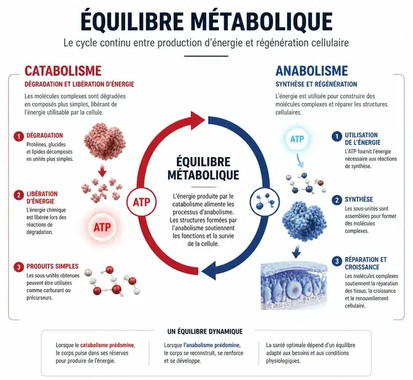 Infographie illustrant l'équilibre entre catabolisme et anabolisme pour la santé musculaire