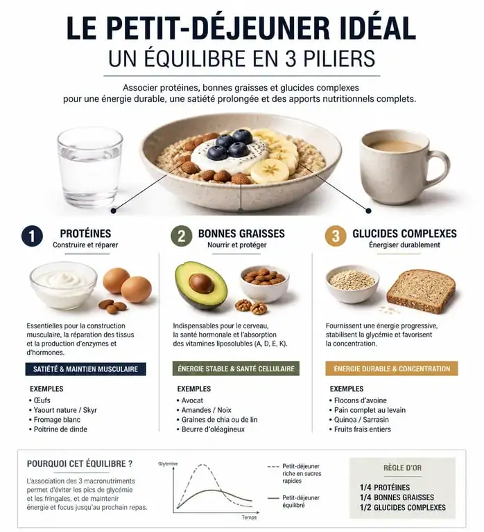 Infographie sur la composition d'un petit-déjeuner sain et équilibré pour stabiliser la glycémie