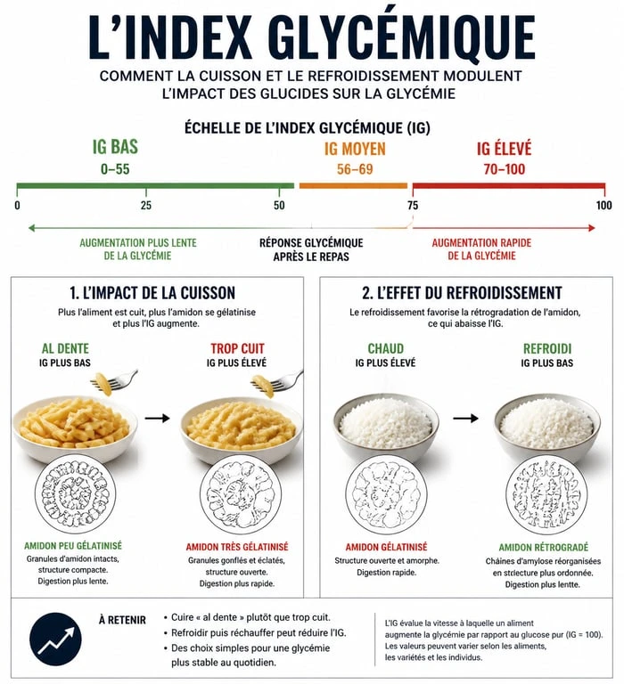 Infographie sur l'index glycémique et l'impact de la cuisson sur les sucres lents