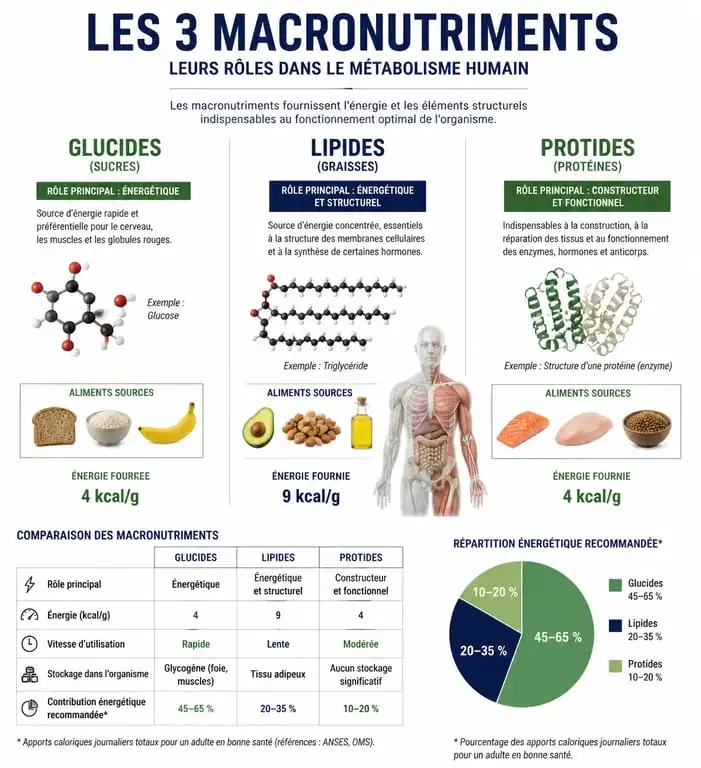 Infographie sur le rôle des glucides, lipides et protides dans l'alimentation équilibrée