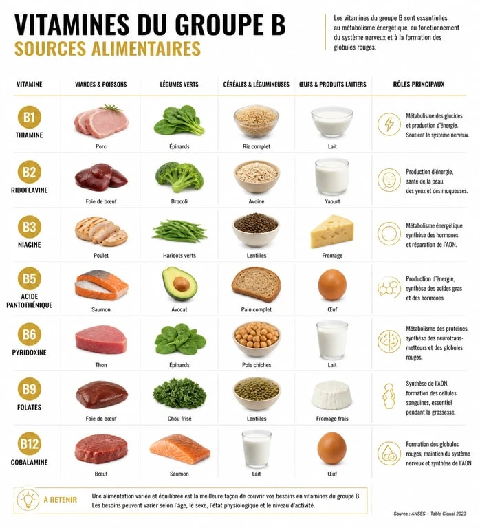 Infographie des sources alimentaires riches en vitamines du groupe B