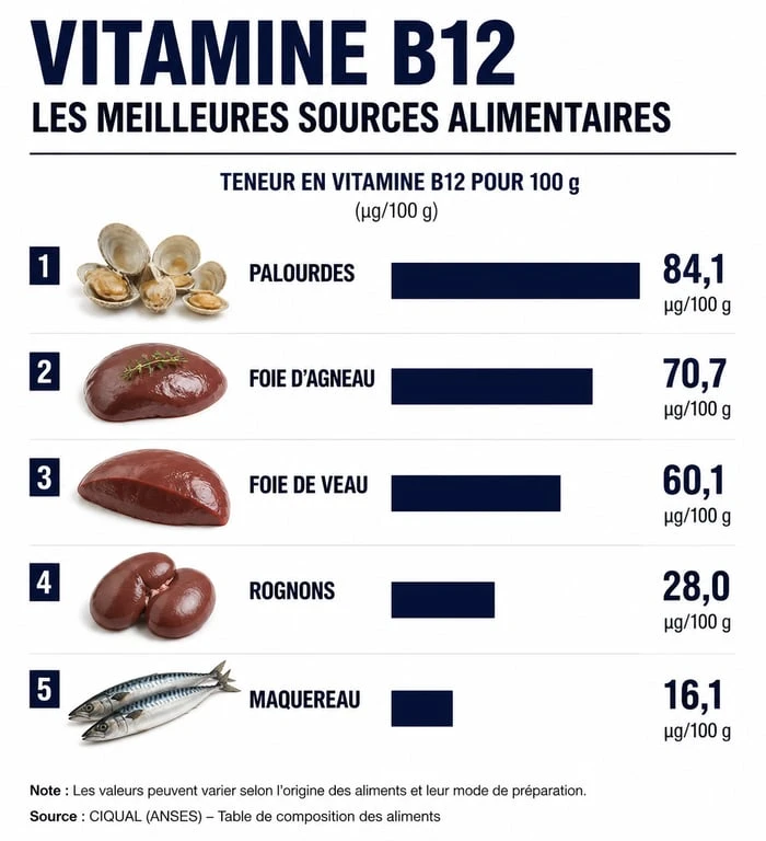 Infographie des aliments les plus riches en vitamine B12 pour prévenir les carences