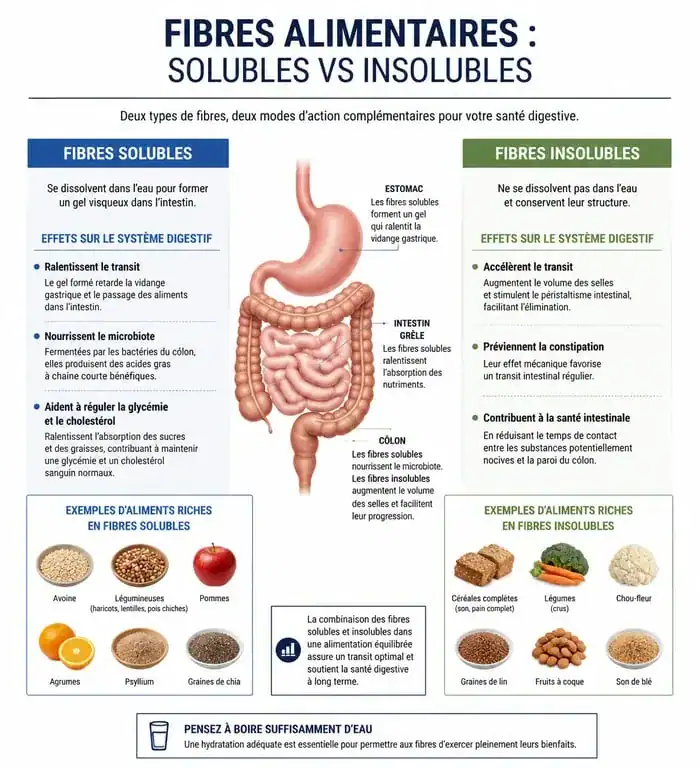 Infographie sur les bienfaits des aliments riches en fibres solubles et insolubles pour la santé digestive