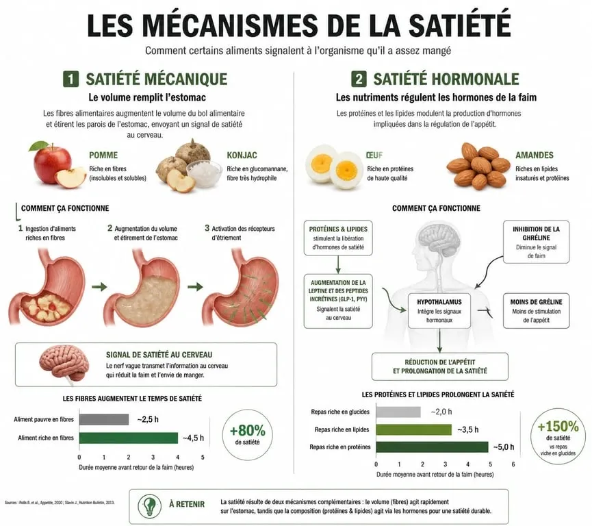 Infographie sur les mécanismes de la satiété et les aliments coupe-faim naturels