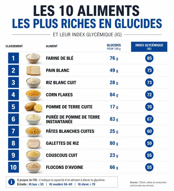 Infographie comparative des 10 aliments les plus riches en glucides et leur index glycémique