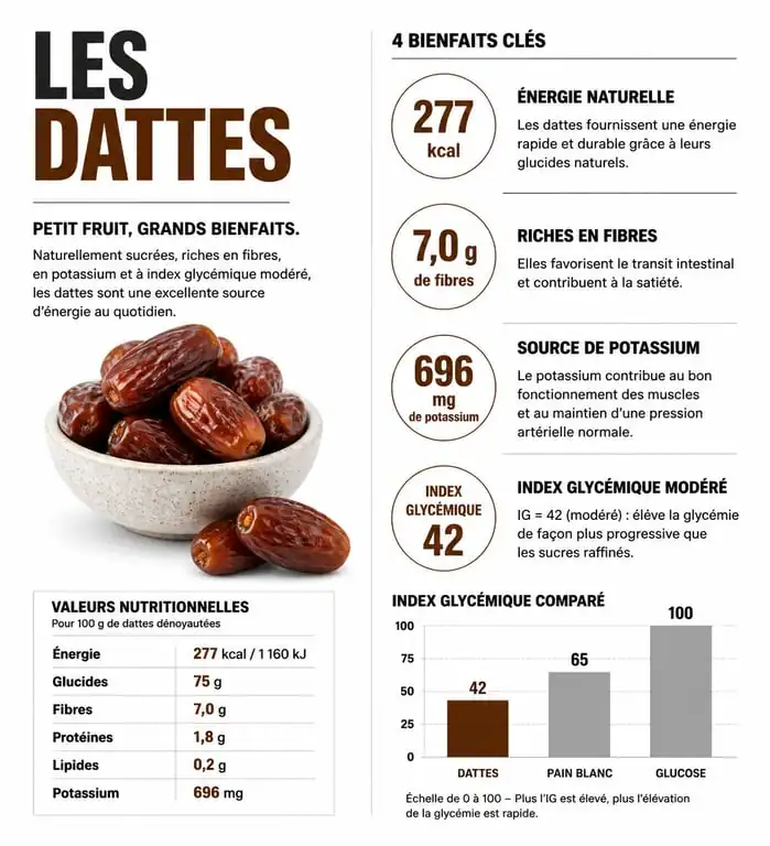 Infographie nutritionnelle sur les bienfaits des dattes et leur impact sur le poids et la santé