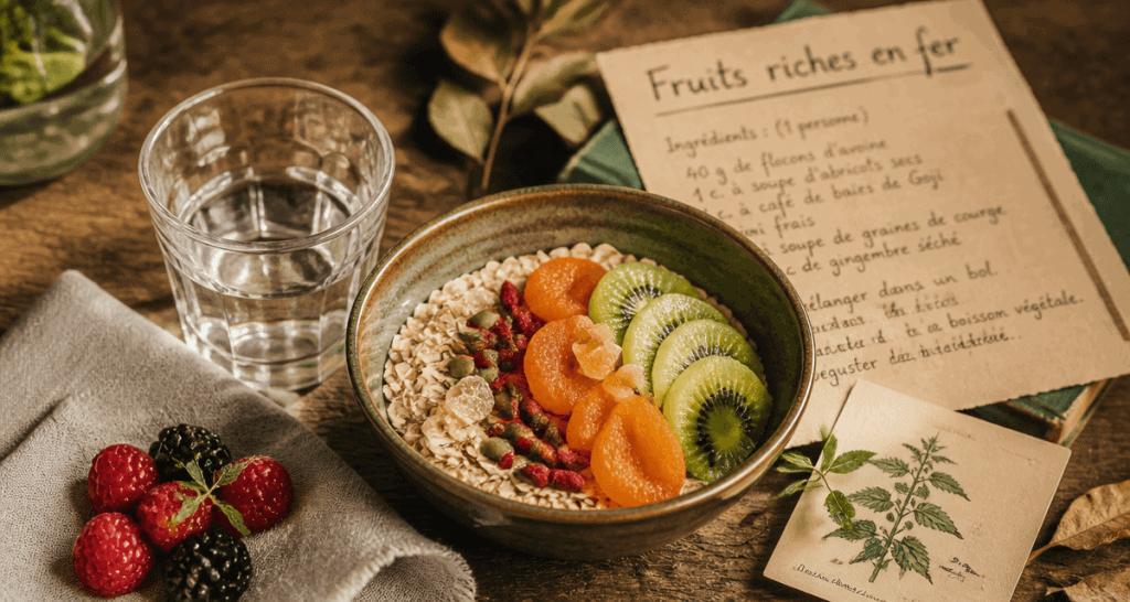 Bol de fruits riches en fer sur table