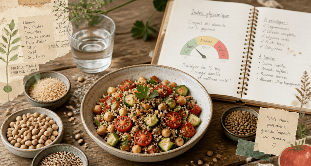 liste des sucre lent salade quinoa pois chiches