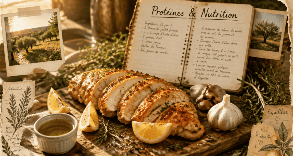 protein blanc de poulet doré découpé sur table rustique