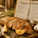 protein blanc de poulet doré découpé sur table rustique