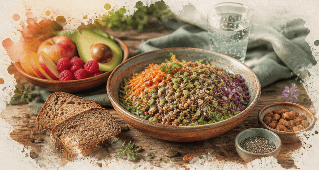 Bol de salade aliment avec des fibres, pain complet et fruits