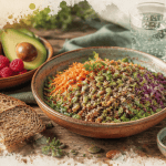 Bol de salade aliment avec des fibres, pain complet et fruits