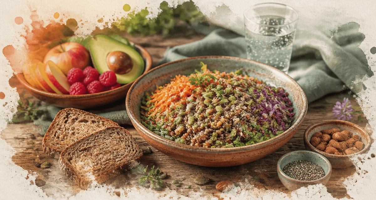 Bol de salade aliment avec des fibres, pain complet et fruits