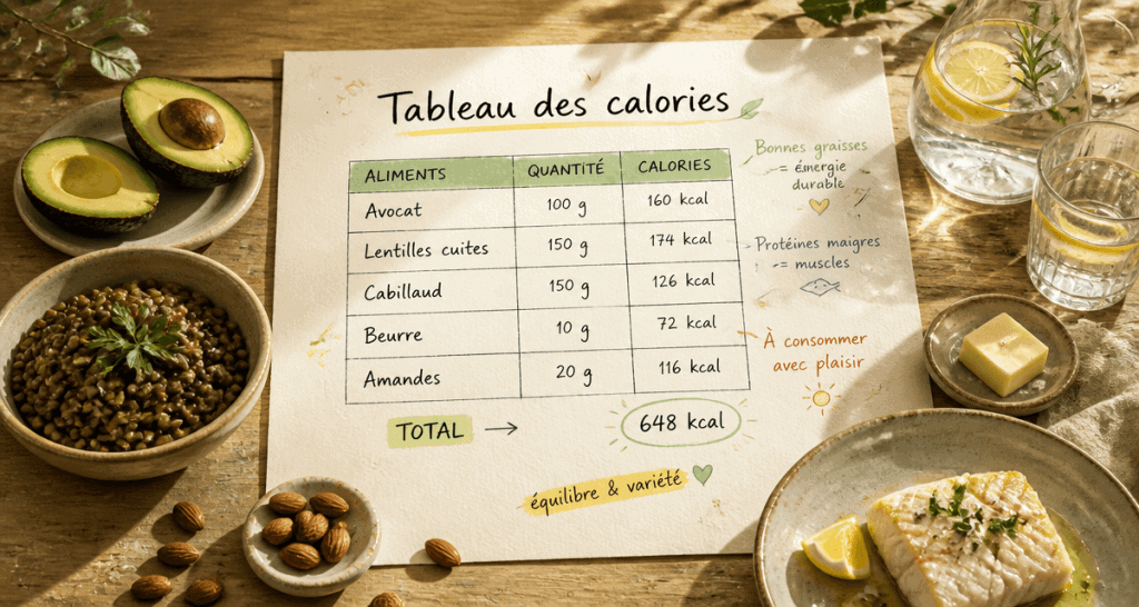tableau des calories des aliments sur table avec aliments