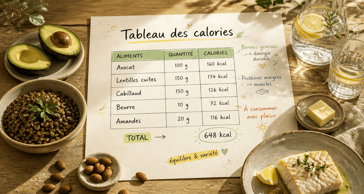 tableau des calories des aliments sur table avec aliments