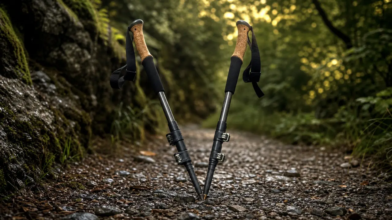 Baton de randonnee télescopique aluminium carbone sur sentier