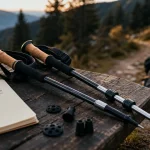Baton de randonnee alu vs carbone sur sentier, poignées liège et embouts