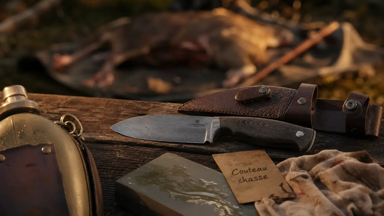 couteau de chasse lame fixe acier 56 HRC, étui cuir