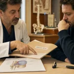 Diagnostique hernie discale : médecin examine un dossier médical