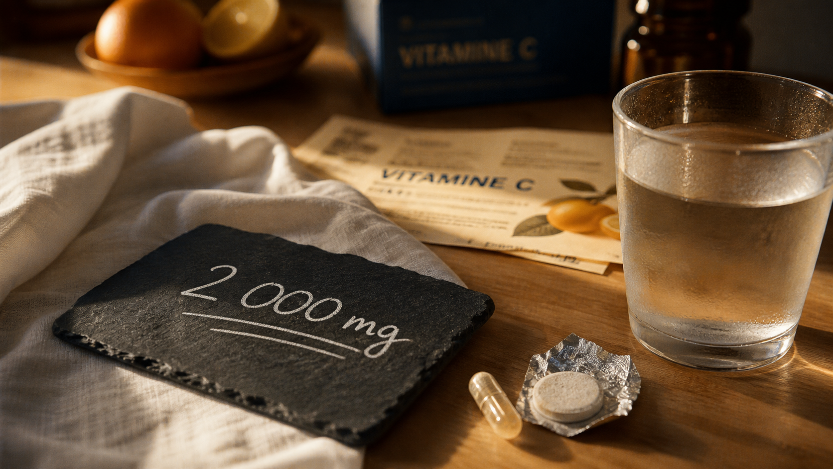 Effets secondaires vitamine C 2000 mg : comprimé et eau
